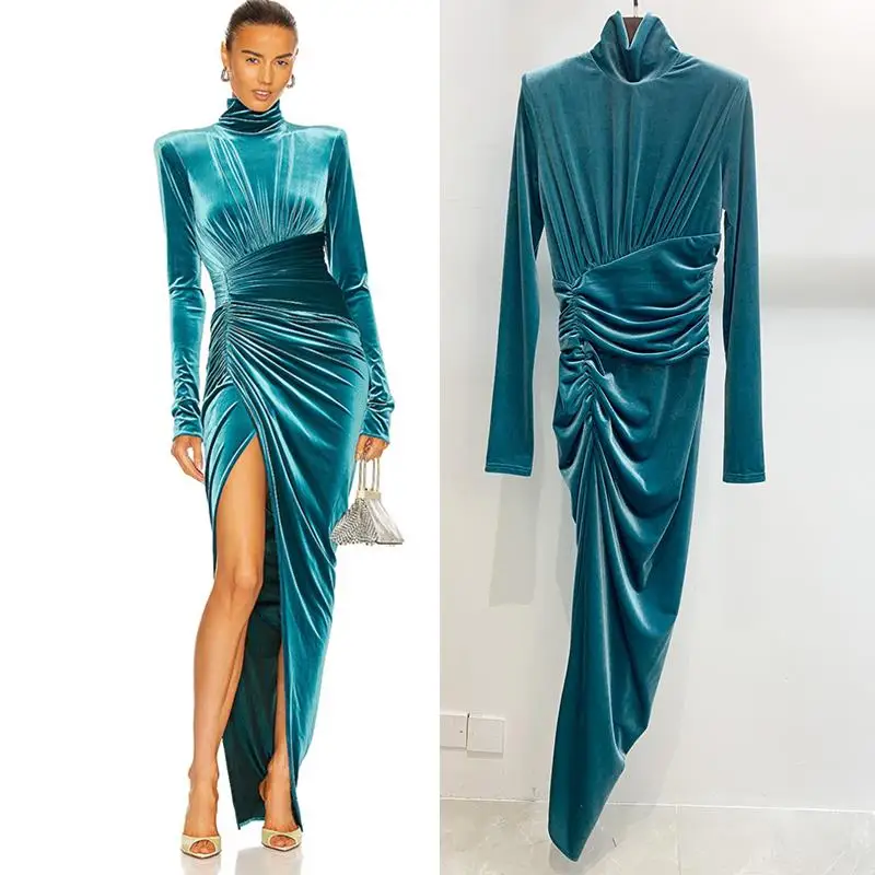 

Luxury Designer Spring Velvet Maxi Dresses for Women 2022 Runway High-End Fashion Slim Fits Sexy Long Sleeve Woman Dresses S-L