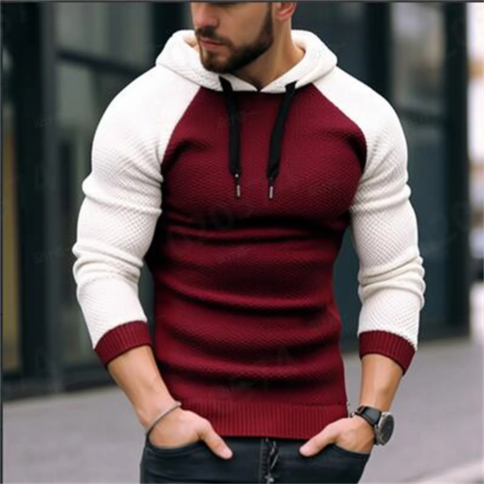 

Men's Autumn And Winter Knit Hoodie Fashion Long Sleeved Color Block Sports Hoodies Loose Casual Plus Size Pullover Sweatshirt
