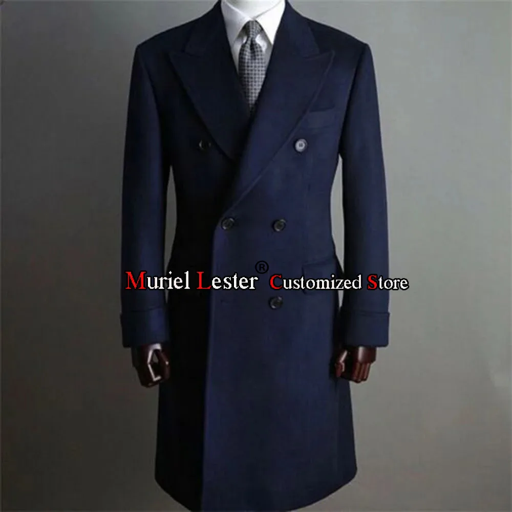 Navy Blue Suit Jackets Men Tweed Wollen Blend Trench Coat Long Double Breasted Manteau Homme Custom Made Overcoat Male Blazers
