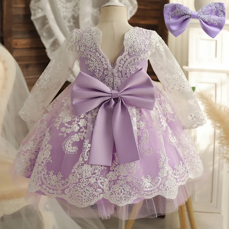 

One Year Birthday Party Dress For Girl 12M Infant Baby Embroidery Floral Big Bow Wedding Ceremony Gown Newborn Baptiam Costume