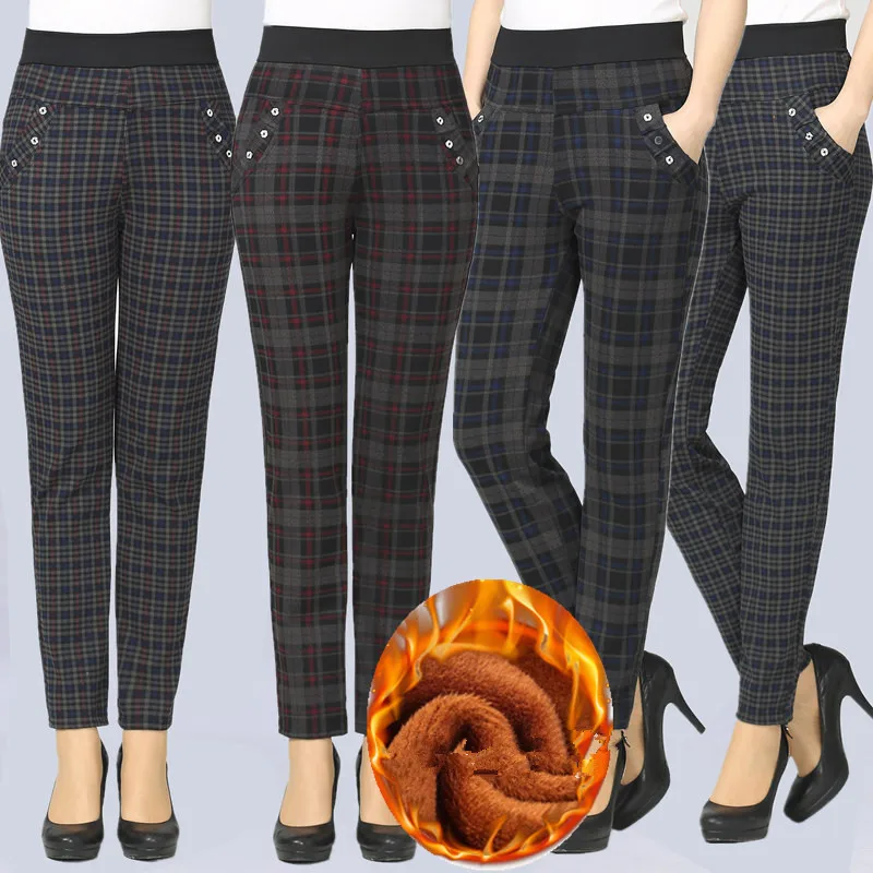 

Large size 2020 spring Winter Women grid Pants Warm sweat Plus Velvet Pants Slim High Waist Stretch Pencil Pants Female Trousers