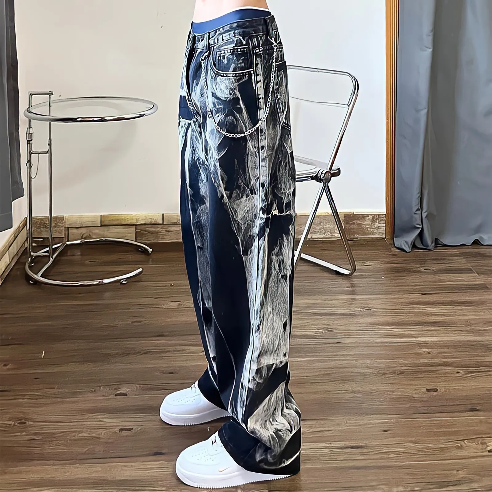 Baggy Black Jeans Women Tie Dye Washed Straight Wide Leg Pants High Waist Goth Vintage Streetwear Denim Casual Hippie Trousers