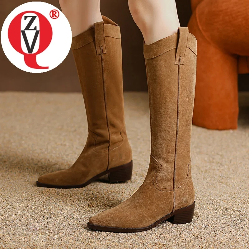 

ZVQ Woman New Style Knee High Boots Pointed Toe Cow Suede Leather Upper High Heels Winter Shoes Handmade Drop Shipping Long Boot