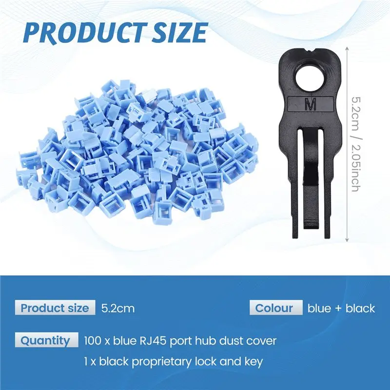 Эффективные защитные заглушки для портов Ethernet LAN RJ45, 100 шт., синие, с защитой от пыли, с запатентованным замком и ключом (art.: 3920da32ec4ea) - 3920da32ec4ea