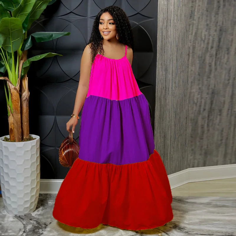 

WUHE Color Block Patchwork Loose Sleeveless Big Swing Maxi Dresses 2022 Elegant Women Summer Sexy Halter Party Beach Dress