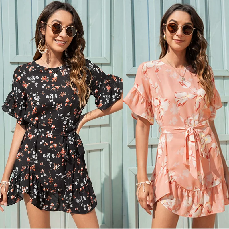 

Summer Bandage Women Dress Short Sleeve O Neck Dresses Ruffles Floral Print Beach Boho Mini Dress