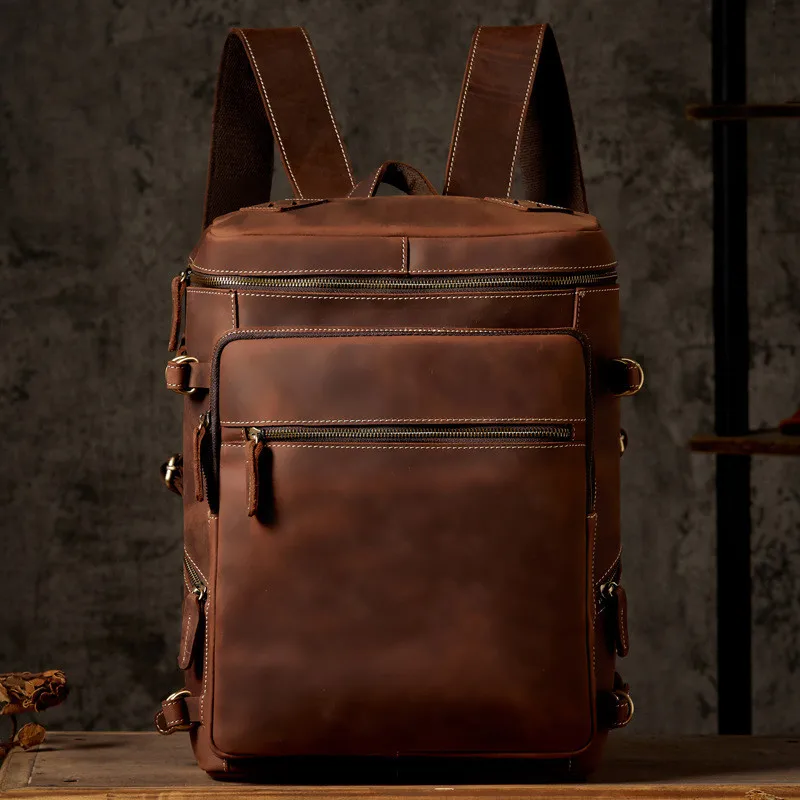 Retro fashion designer crazy horse cowhide youth notebook brown backpack outdoor travel large capacity backpack schoolbag men