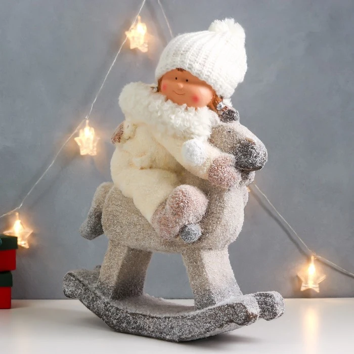 Сувенир керамика &quotМалышка в комбинезоне с мехом на лошадке-качалке&quot 47х36х17 см