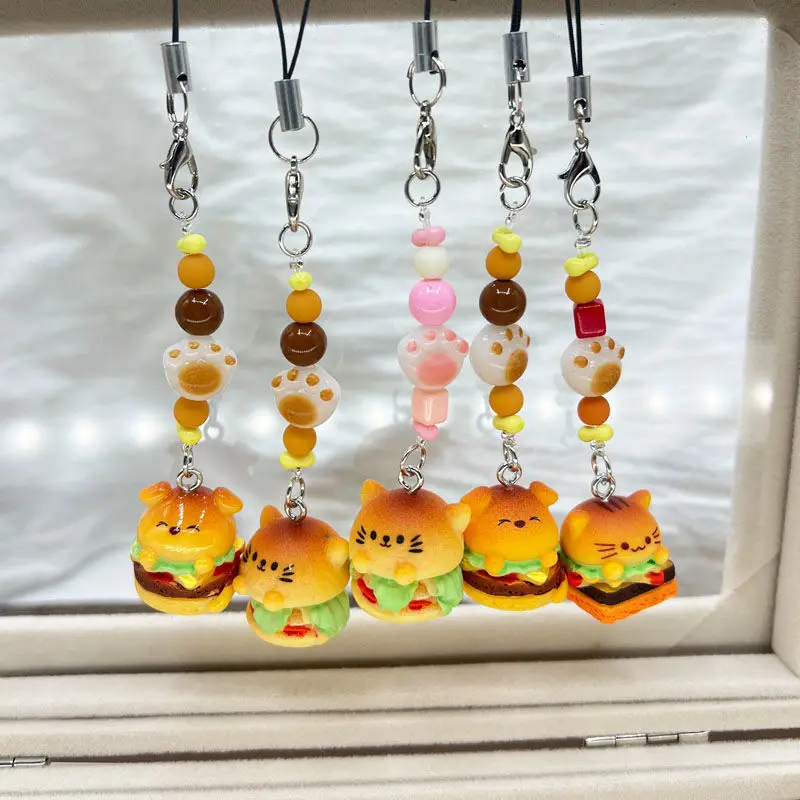 Kawaii кошка собака гамбургер телефон счастливый мультяшный кулон брелок шнурок