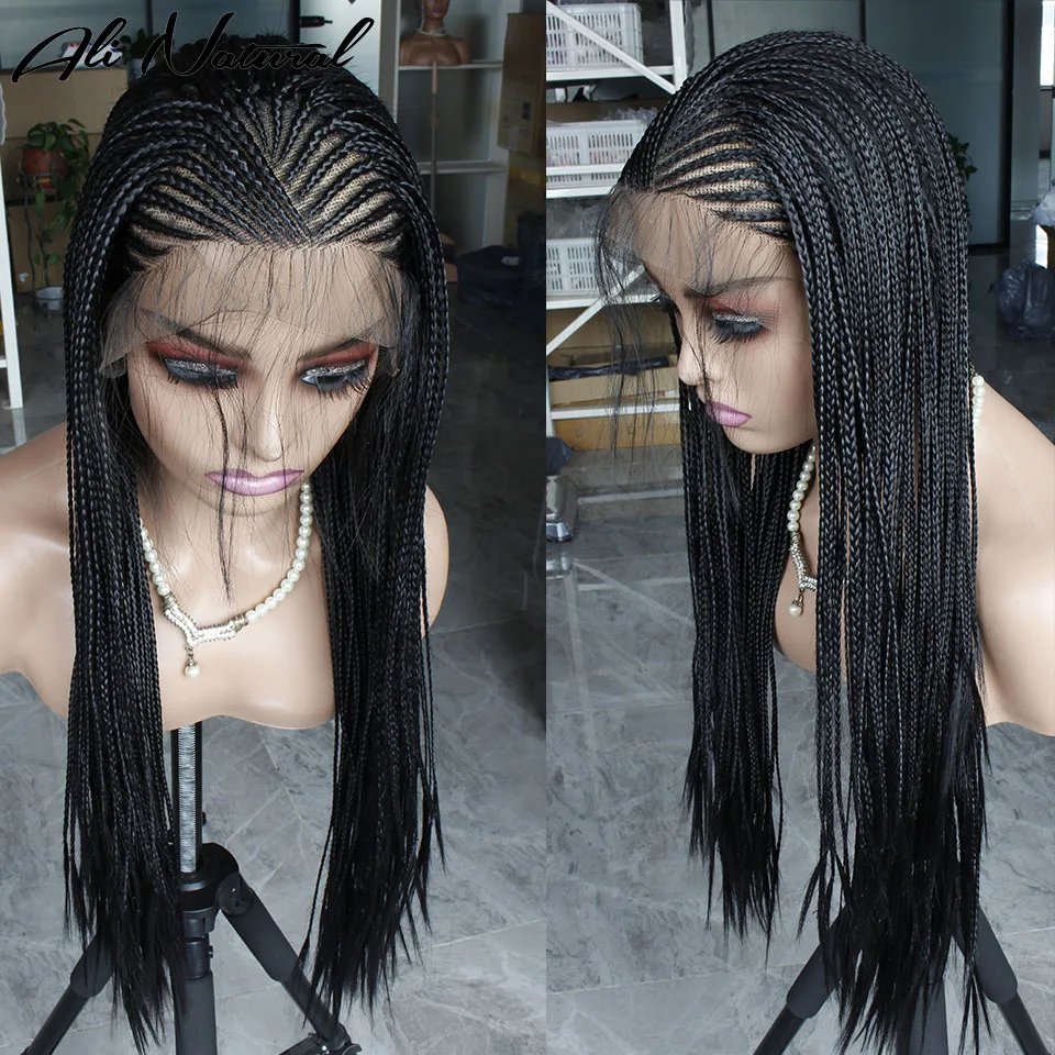 Black Color Synthetic Box Braids wig African braids Glueless Micro Braided Lace Front Wig For Black Women Heat Resistant Fiber