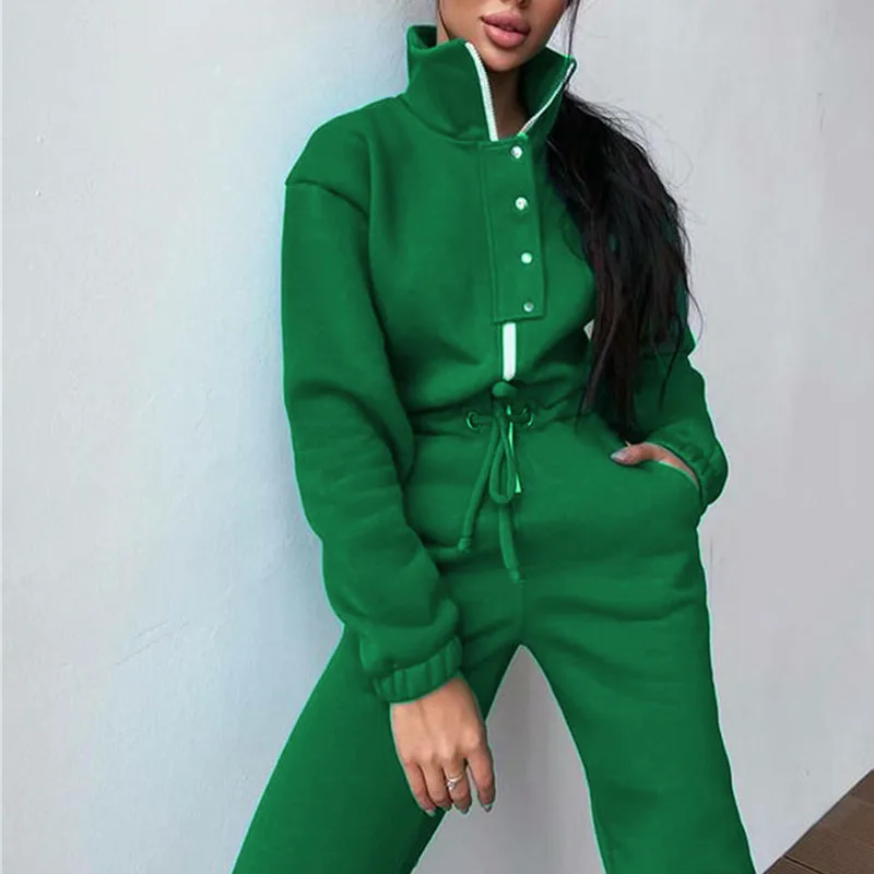 

Casual Stand Collar Jumpsuits Women Autumn Winter Zipper One Piece Long Sleeve Outfit Solid Loose Drawstring Rompers Tracksuits