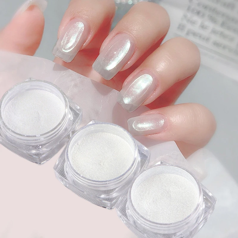 3 Boxes Set Pearl White Nail Art Glitter Powder, Holographic Chrome Nail Art Pigment, for Manicure Gel Polish DIY Decoration