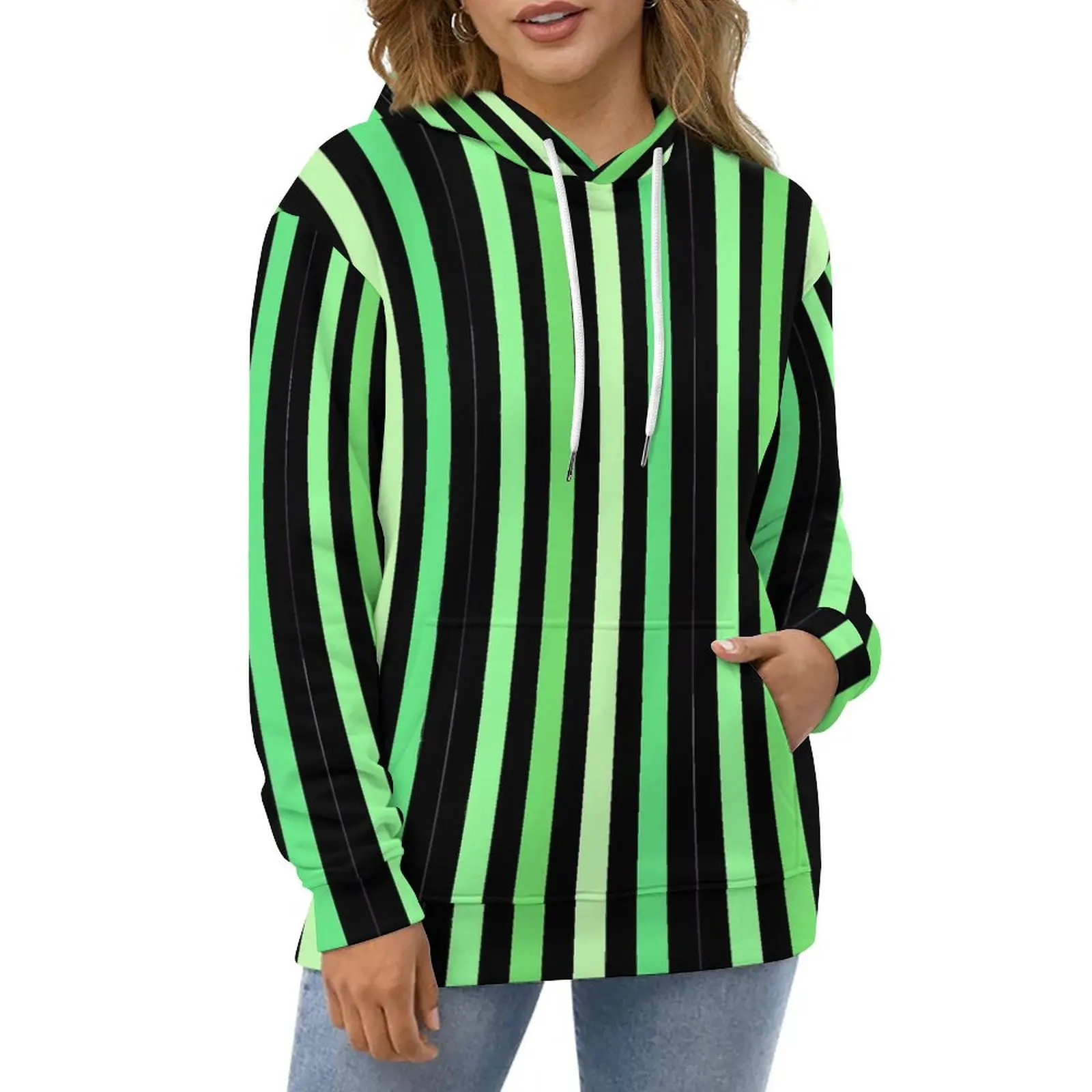 

Colorblock Print Hoodies Long Sleeve Green Stripes Elegant Casual Hoodie Winter Street Wear Oversized Graphic Loose Sweatshirts