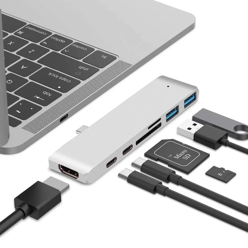 

7 in 1 Double Male Type C Hub 4K HDMI-Compatible USB C Docking Station 3.0 TF SD Reader Slot PD for MacBook Pro/Air 2018 to 2020