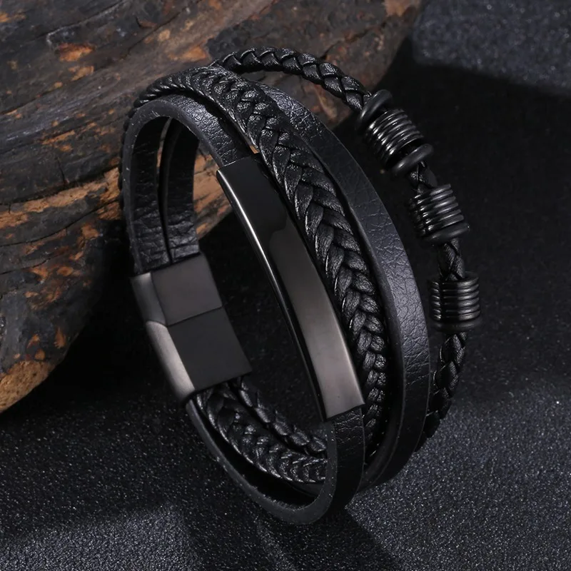 Customizable Engraving Black Multilayer Leather Bracelet Bangle Men Jewelry Casual Male Party Wrist Band Boyfriend Gifts FR1178