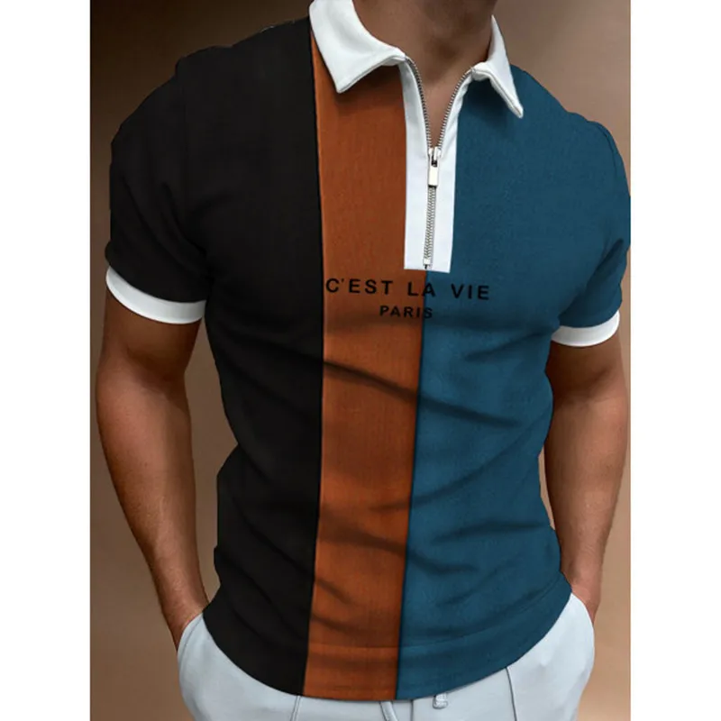 

New Luxury Men's Clothing Polo Shirts Streetwear Color Print Casual Short Sleeve Tee Shirt Men Turn-Down Collar Zipper Polo Tops