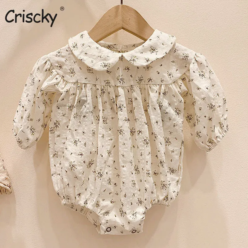 

Criscky Infant Baby Girls Autumn Full Sleeve Flower Peter Pan Collar Bodysuits Flower Newborn Jumpsuits Toddler Clothes