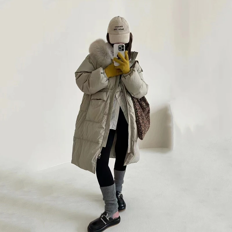 Зимний длинный пуховик женский толстый большой меховой воротник 90 белое пальто