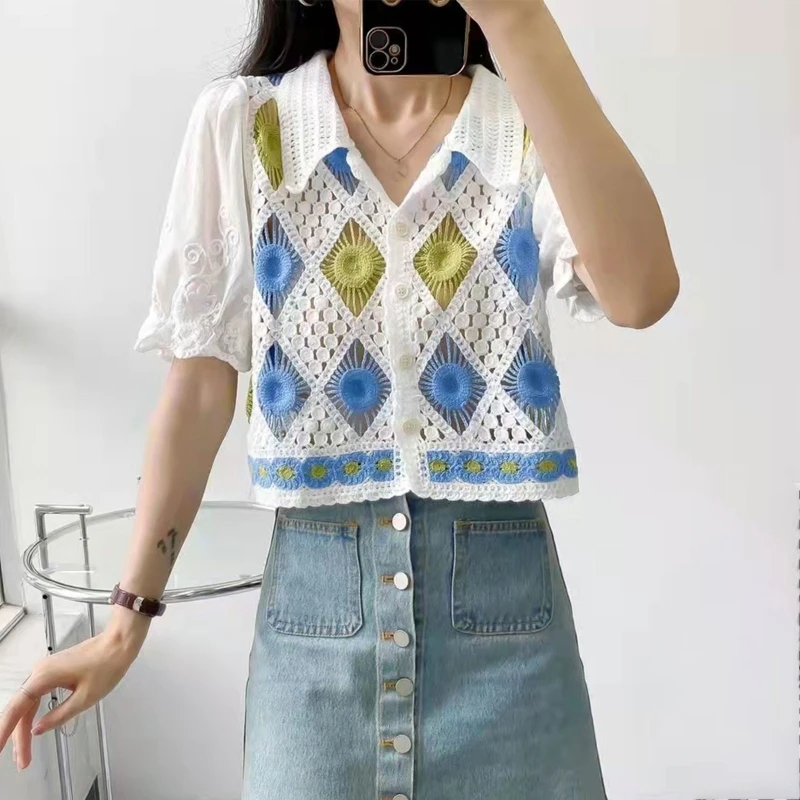 

Women Summer Puff Short Sleeve Crop Top Boho Hollow Crochet Multicolor Diamond Plaid Cardigan Lapel Button V-Neck Slim P8DB