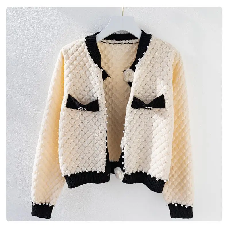 Women 3D Flowers Knitted Cardigan Spring Autumn Pearls Beaded Crocheted Sweater Coat Gentle Fuzzy Knitwear OL Crop Tops 2022 images - 6