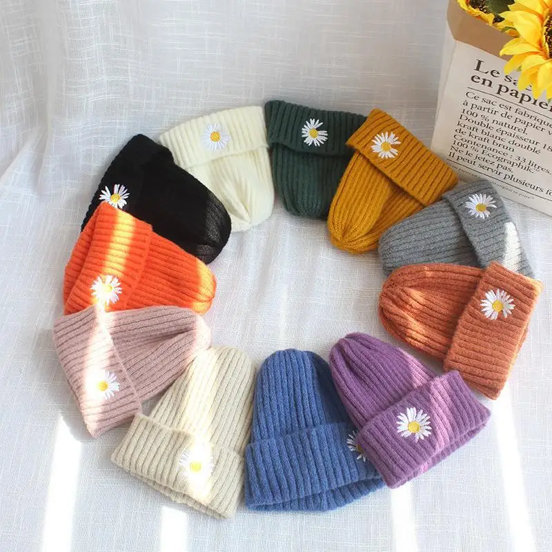 

Baby Winter Hat Fashion Korean Daisy Floral Hat for Baby Boy Girl Acrylic Weft Knitting Warm Hat for 2-10 Year Kid Baby Stuff