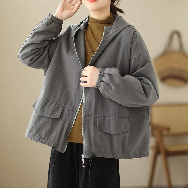 

2023 Spring Autumn Women's Quilted Cotton Jacket Vintage Solid Long-Sleeve Tops Hooded Casual Zipper Short Cardigan Streetwear
