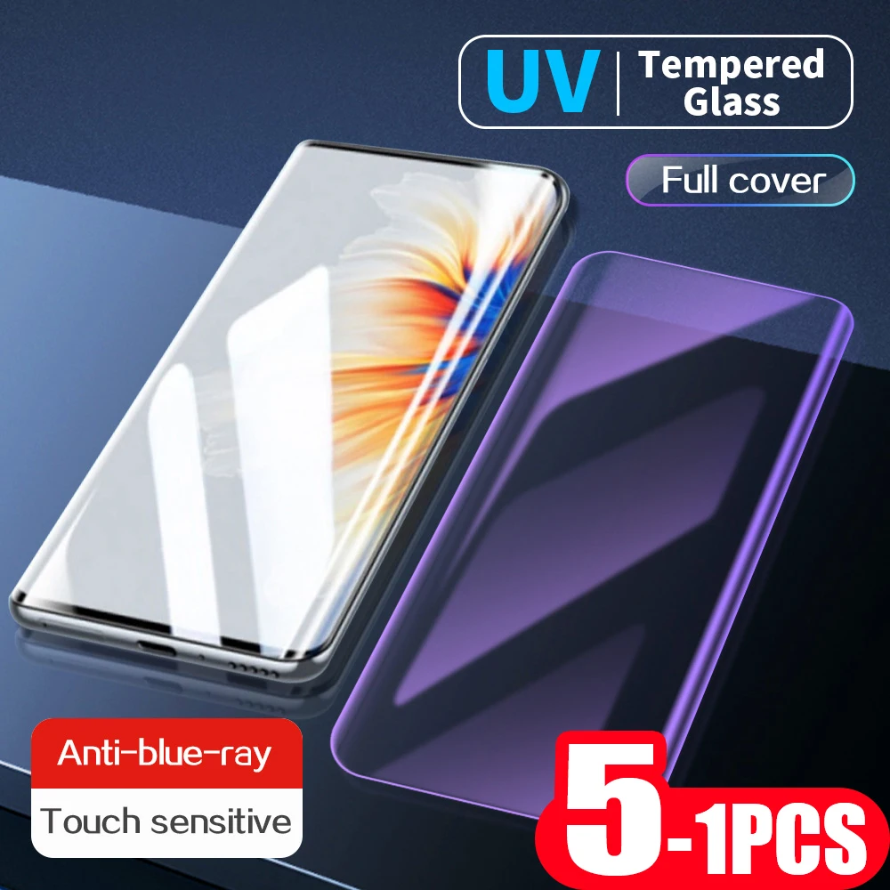 

5-1Pcs 9D UV Glass For xiaomi cc9 pro Mix 4 civi 1s 2 note 10 lite pro phone Protective Film UV Tempered Glass Screen Protector