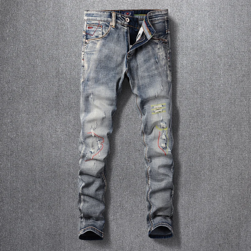 Fashion Vintage Men Jeans Retro Blue Elastic Slim Fit Ripped Jeans Men Straight Trousers Embroidery Designer Denim Pants Hombre