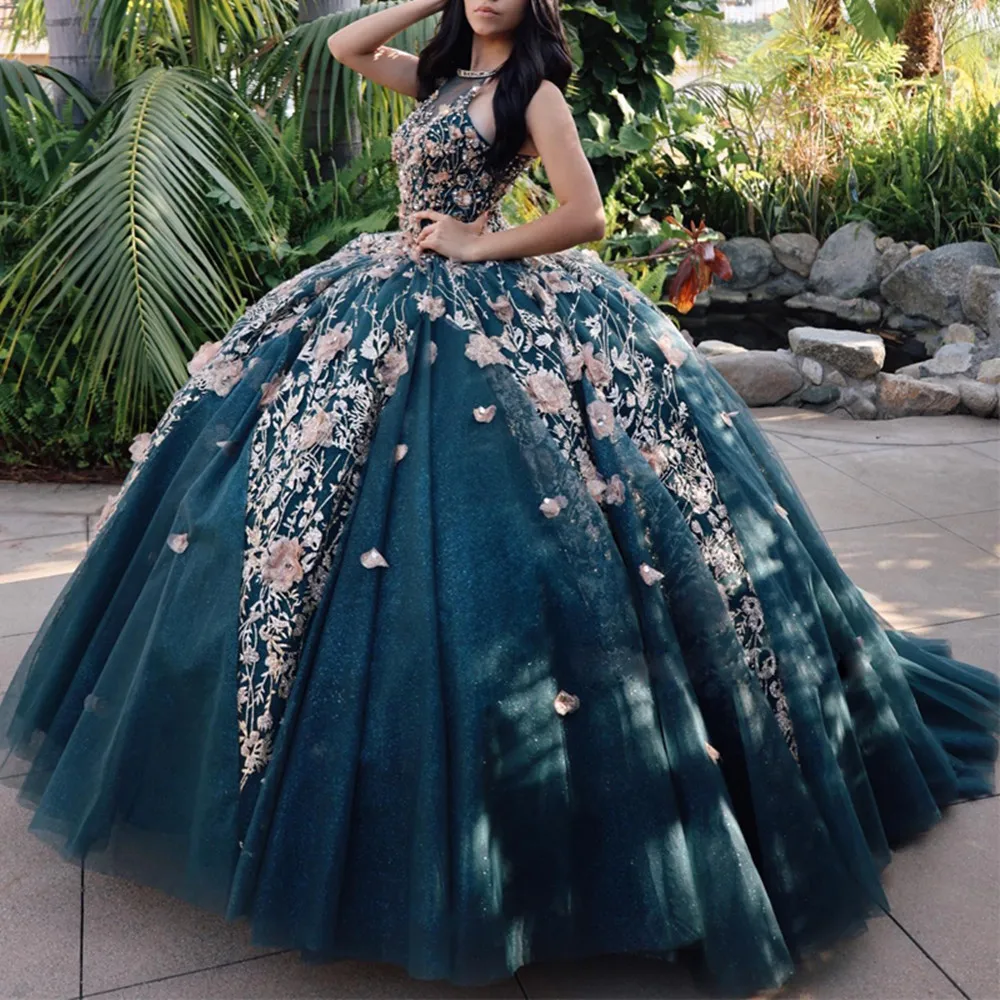 

Stunning Quinceanera Dresses with Cape 3D Flower Beaded Sweet 15 Prom Gowns Glitter Ball Gown Teen Girls Bithday Party Dress