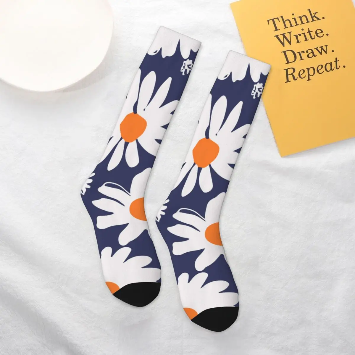 

Daisies White Blue Socks Abstract Flowers Design Soft Funky Mid Stockings Large Chemical Fiber Teenage Home Socks