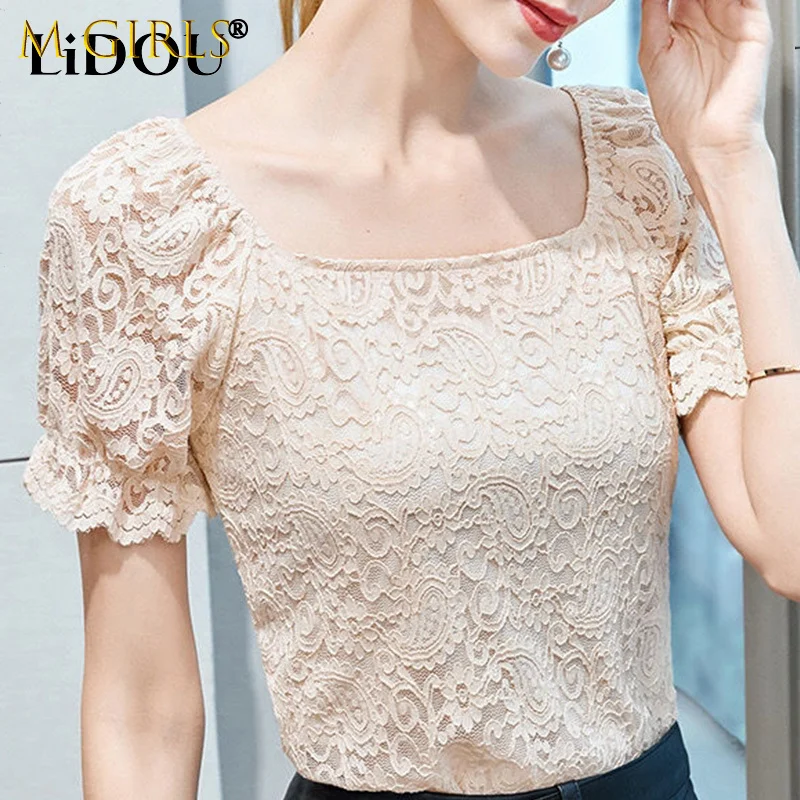 

Женский кружевной топ с коротким рукавом, элегантный однотонный топ с квадратным вырезом, ажурная футболка в Корейском стиле, лето 2022