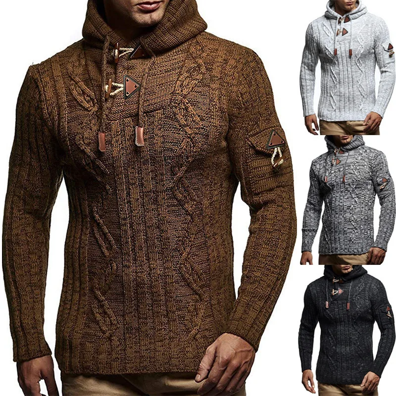 

Autumn winter 2022 European and American sweater men's solid color long sleeve hooded horn button slim knit jumper men's