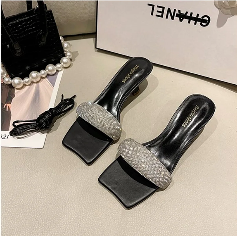 Summer women's slippers high-heeled shiny temperament sandals 2022 new rhinestone mid-heel sandals and slippers