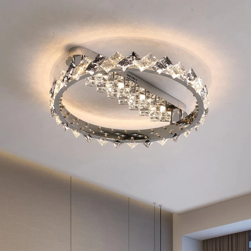 

Modern LED Luxury Crystal Ceiling Lamp Stainles Steel Chrome Hanging Lights Dimming Living Dining Room Bedroom Lustre Luminaire