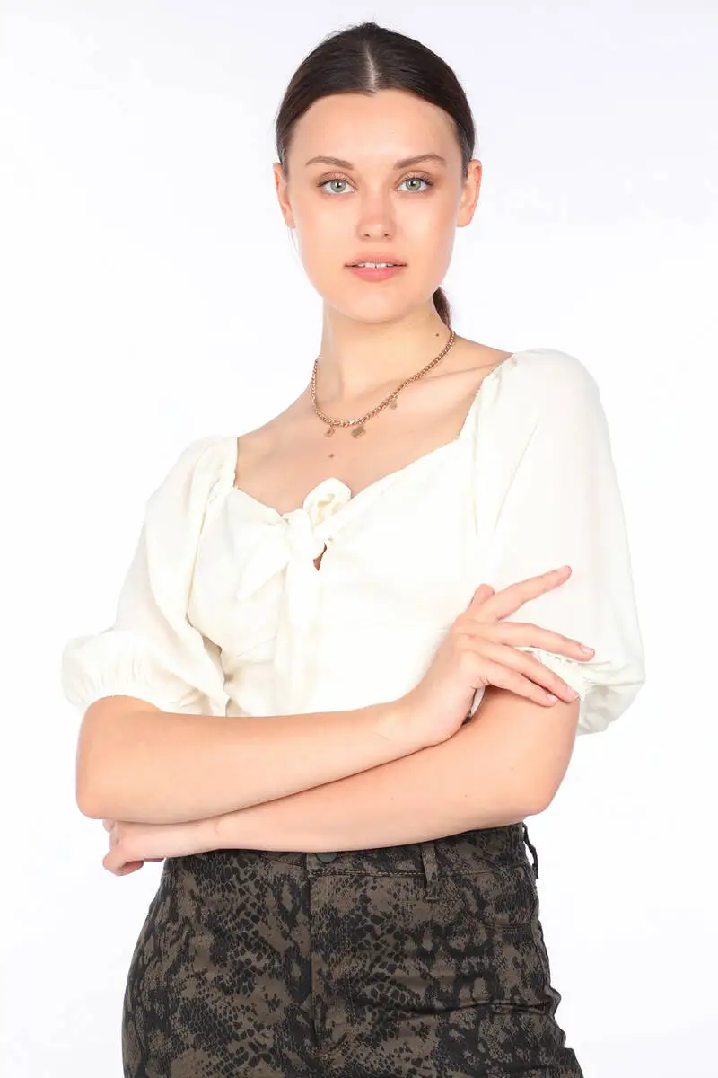 

Womens Cream Balloon Sleeve Crop Blouse