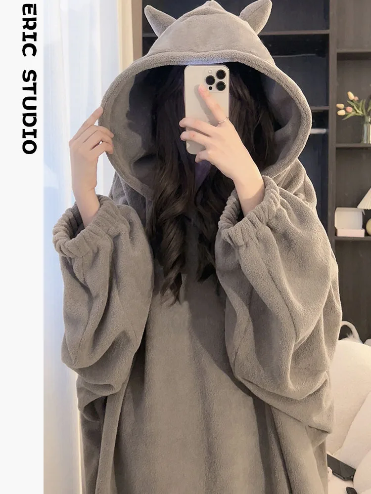 Японская мода милые пижамы из кораллового флиса с капюшоном маленького дьявола