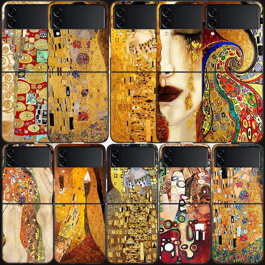 

Kiss by Gustav Klimt Desig Case for Samsung Galaxy Z Flip3 Flip4 5G Black Hard Cell Phone Cover Z Flip 3 4 Luxury PC Shell Zflip