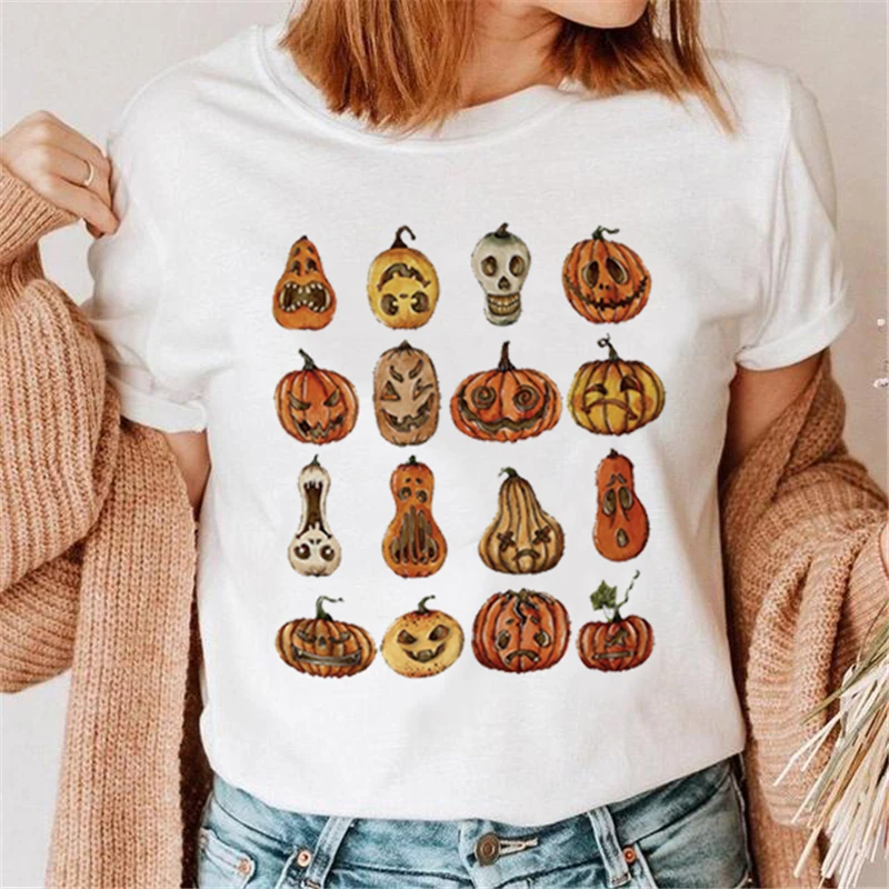 

Новинка 2023, Женская Повседневная футболка с коротким рукавом и мультипликационным принтом тыквы на Хэллоуин, Женская Осенняя футболка с кр...