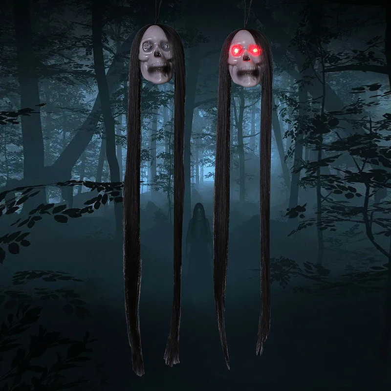 Хэллоуин подвесной Призрак Череп с длинными волосами светящиеся глаза Ужас