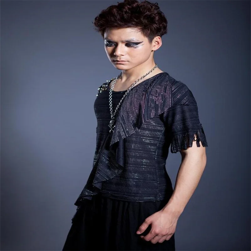 Wear costume irregular fashion punk slim sexy shirt men short sleeve shirt korean shirt mens personality stage singer dance