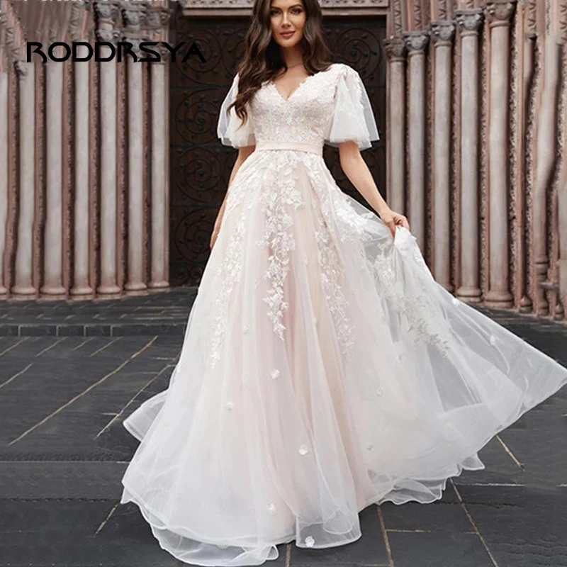 

RODDRSYA Elegant V-Neck A-Line Wedding Dress Modern Puff Sleeve Backless Bridal Gown Vintage Lace Applique Vestido De Novia 2023