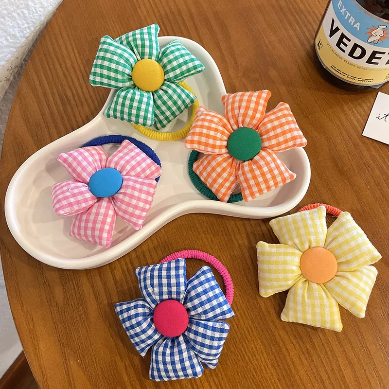 

Sun Flower Girl Hair Clip Cute Ponytail Headdress Plaid Fabric Rubber Band Hair Accessories ganchos para cabello mujer