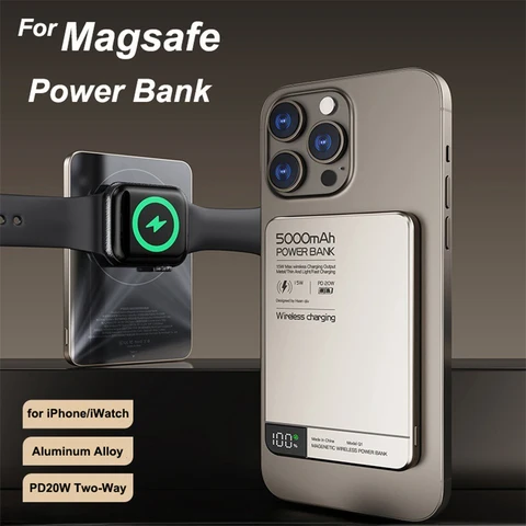 Магнитный внешний аккумулятор Power Bank 3 в 1, PD20W, беспроводное быстрое зарядное устройство, внешний аккумулятор для Magsafe Powerbank для iPhone 17 16 15 iWatch Airpods