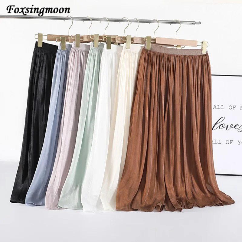 

2022 Summer Streamer Pleated Skirts Women Korean Fashion Solid Color Elastic High Waist Loose Long Skirt Female Tulle Skirt