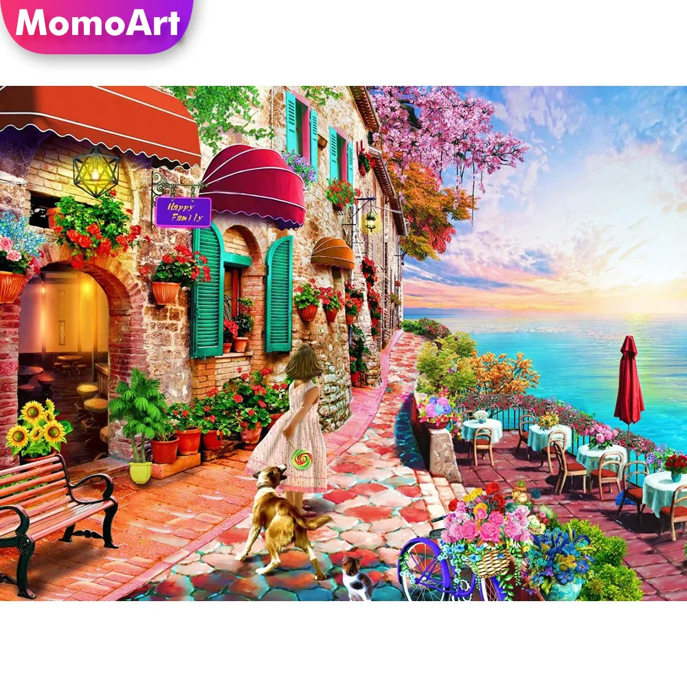 

MomoArt Full Diamond Mosaic Street Embroidery House Cross Stitch Painting Seaside Landscape New Arrival On Clearance Handicraft