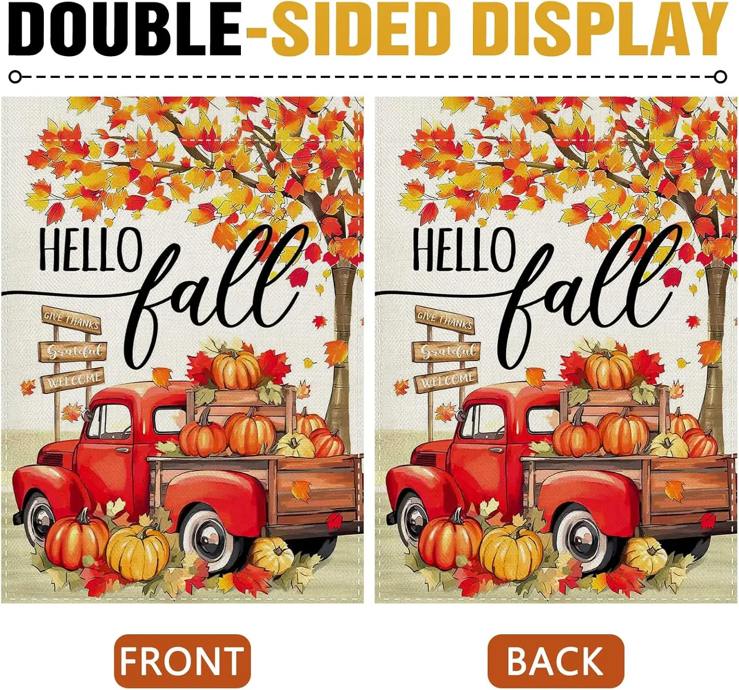 Фото Декоративный садовый флаг Dyrenson Hello Fall с красным грузовиком, осенний, к Дню благодарения, для сезона урожая, с тыквой и кленовым деревом, для двора и улицы №4