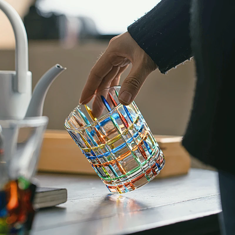 

300ML Contrasting Color Whiskey Glass Home Creative Hand-painted Line Preparation Crystal Glass Coffee Mug Cocktail Cup