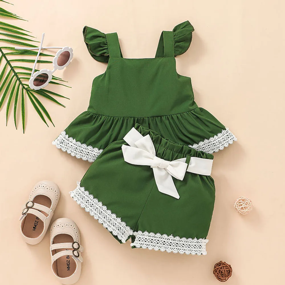 

Casual Newborn Baby Girl Clothes Set Summer Solid Color Flying Sleeve T-shirt Lace Shorts 2Pcs Outfit New Born Infant Clothing