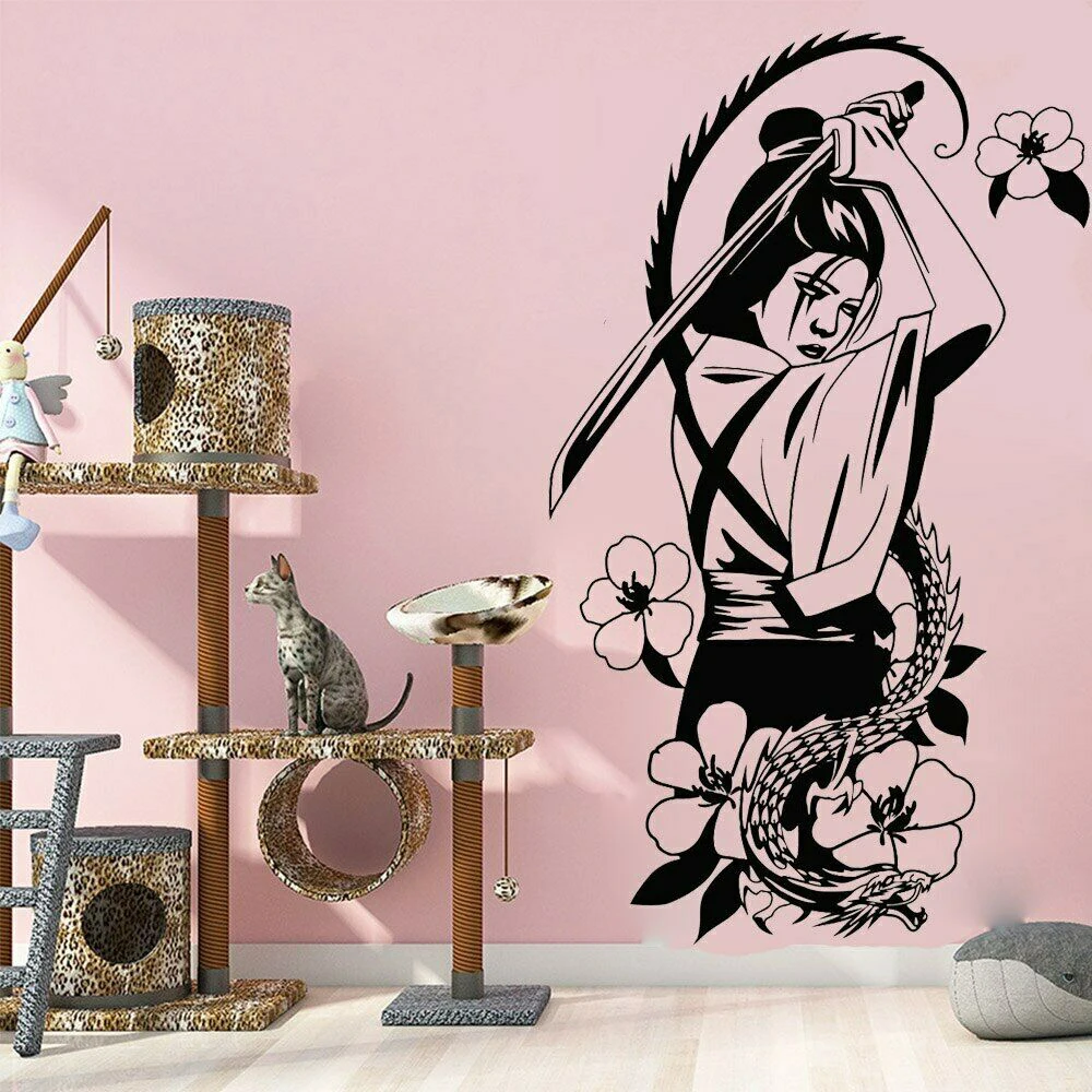

Мультяшная японская гейша с цветами кошки, наклейка на стену дракона, девушка, комната, спальня, Аниме Манга, красивая наклейка на стену, вин...