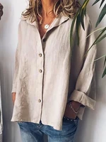 women shirt vintage cotton linen blouse casual long sleeve tops oversized loose button up shirts ladies lapel tops mujer